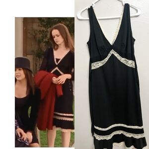 Vintage Y2K Black Lace Midi Slip Dress Size 5 6 ASO Gilmore Girls Rory Medium